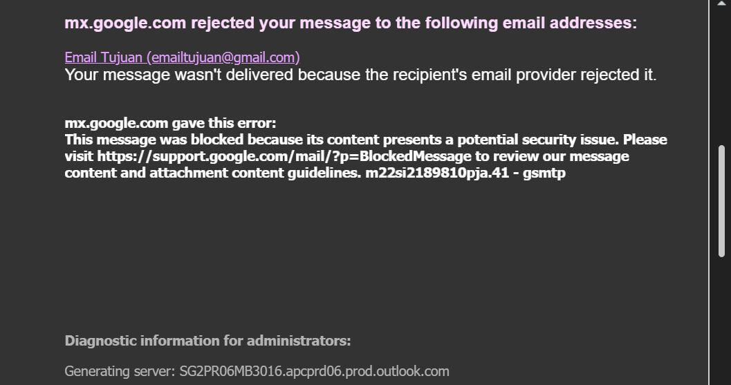 mx.google.com rejected your message to the following email addresses
