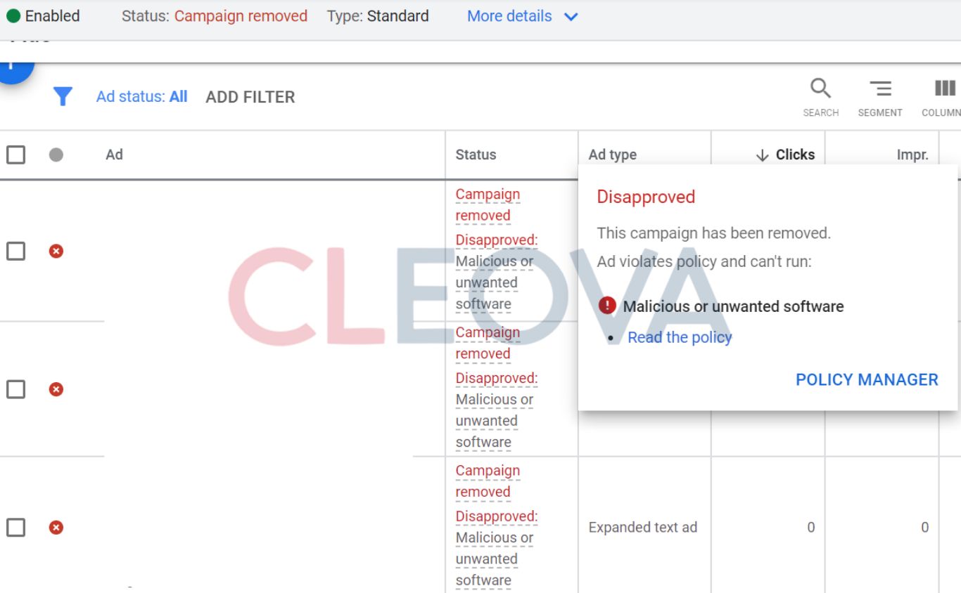 di tolak iklan google ads karena malware, campaign removed disapproved: malicious or unwanted software